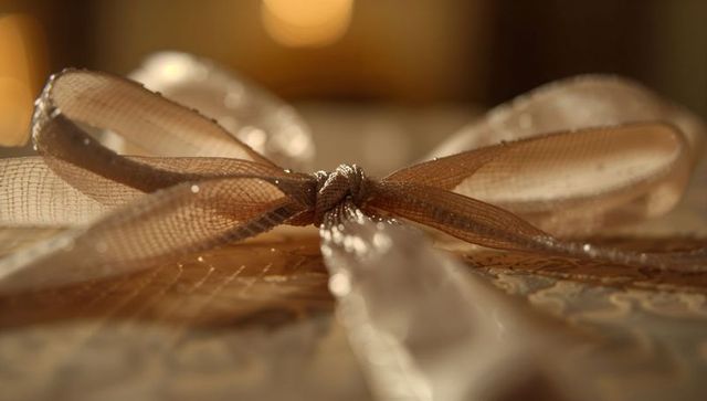Sheer Champagne Organza Bow Tied on Ornate Metallic Gift Wrap in Warm Bokeh Glitter