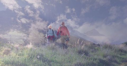 Mature Couple Hiking Through Mountain Wildflower Meadow Serenity