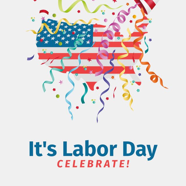 Image shows a festive Labor Day celebration with confetti and the USA flag inside a map of the United States on a white background. Useful for promoting Labor Day events, holiday sales, patriotic gatherings, and creating themed social media content.