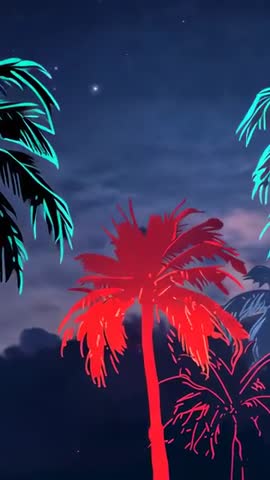 Vertical Neon Palm Video Loop: Red Center Palm Shifting to Solid Glow with Cyan Accents