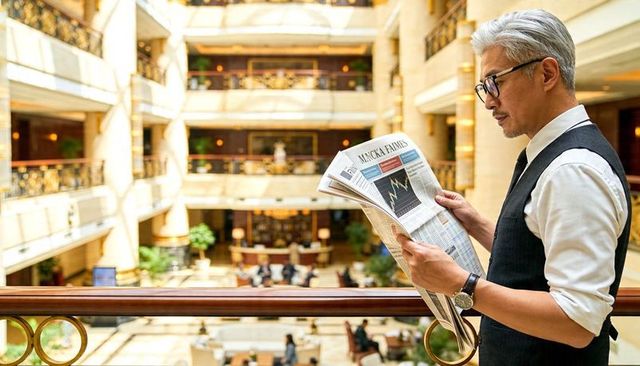 Reading asian businessman checking stock chart on newspaper at luxury hotel atrium