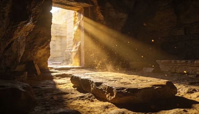 Golden sunbeams on ancient carved stone slab in tomb chamber with dust motes, ritual relic