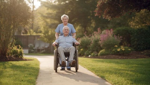 Senior woman pushing man in wheelchair along sunlit garden path for compassionate care