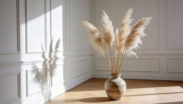 Sunlit pampas grass in ceramic vase casting soft shadow on paneled wall