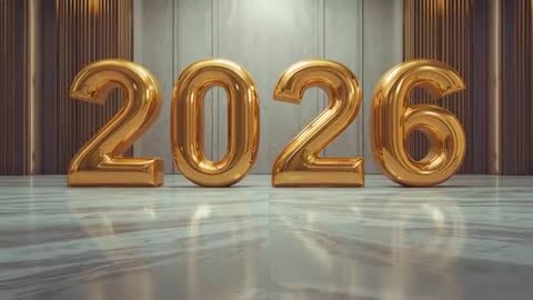 Luxury gold 2026 numerals gleaming and reflecting on marble floor with wood panels