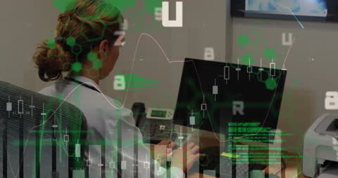 Businesswoman Analyzing Financial Data with Digital Graph Overlay