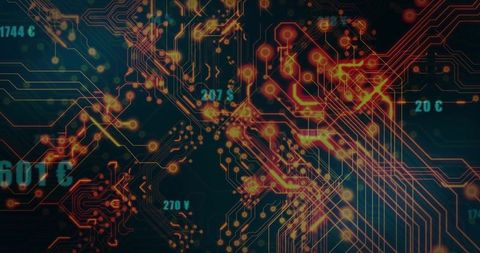 Amber Circuit Traces Crossing Neon Network Over Dark Teal Digital Grid