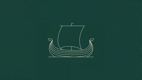 Minimalist viking longship line art on green background