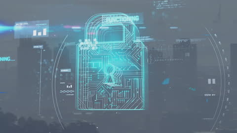 Cybersecurity Concept with Digital Lock Overlay on Cityscape