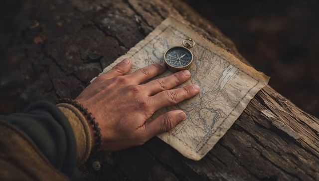 Explorer checking compass and topographic map on weathered log for navigation
