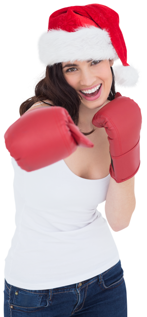 Smiling Woman in Santa Hat and Boxing Gloves on Transparent Background - Download Free Stock Videos Pikwizard.com