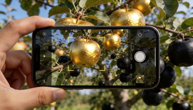 Hand holding smartphone capturing gilded gold apple among dark apples in orchard