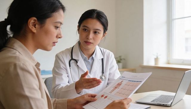 Doctor explaining cardiac report and ecg results to patient during clinic consultation
