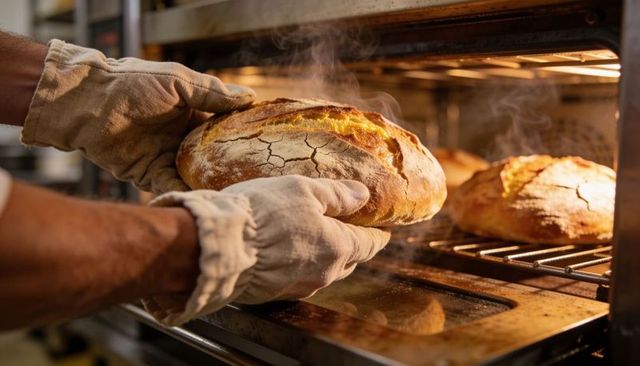 Baker lifting rustic sourdough loaf from hot oven with steaming golden crust