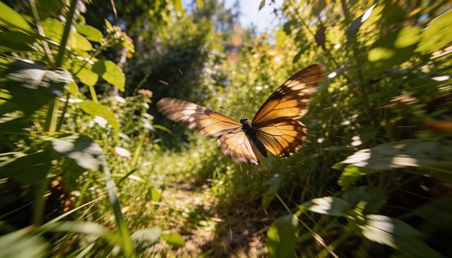Soaring orange-brown butterfly fluttering over sunlit woodland trail with motion blur