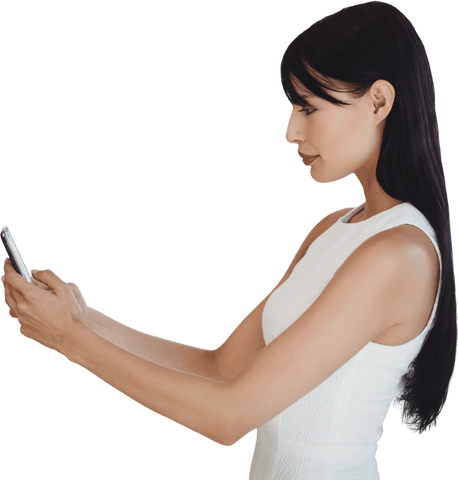 Young woman with long hair using smartphone in transparent background