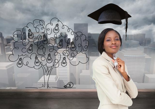 Confident businesswoman standing with graduation cap and idea tree against bustling city skyline. Suitable for use in articles about career growth, professional success, education innovations, entrepreneurial spirit, leadership qualities, and achieving goals. Perfect for business and education-related promotions, motivational materials, and urban lifestyle content.