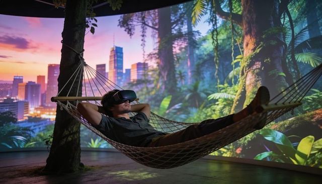 Relaxing in vr hammock amid immersive urban jungle projection gallery installation