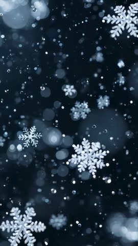 Falling snowflakes and bokeh orbs drifting in dark winter vertical video loop