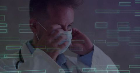 Doctor adjusting surgical mask with digital interface overlays for clinical safety