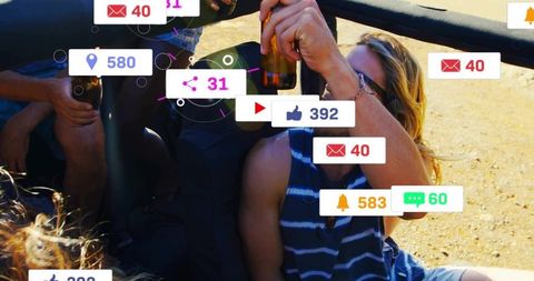 Friends celebrating in open-top jeep sipping drinks, social media notifications overlay