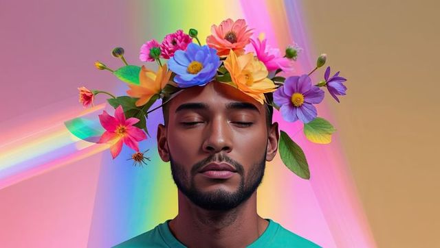 Serene male model with floral crown and rainbow glow