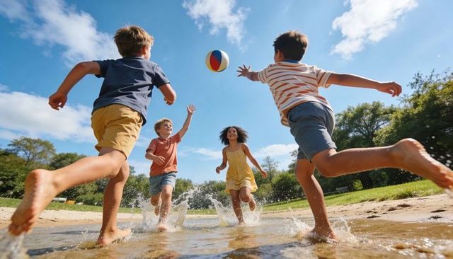 Children running and splashing at lakeside tossing colorful beach ball on sunny day