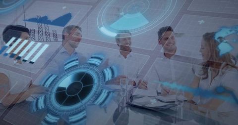 Executive team collaborating at glass table with holographic data visualization overlays