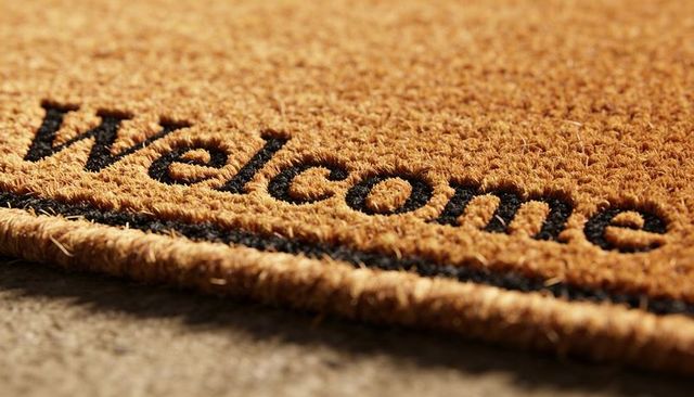 Closeup coir doormat with welcome lettering and stitched edge showing warm entrance texture