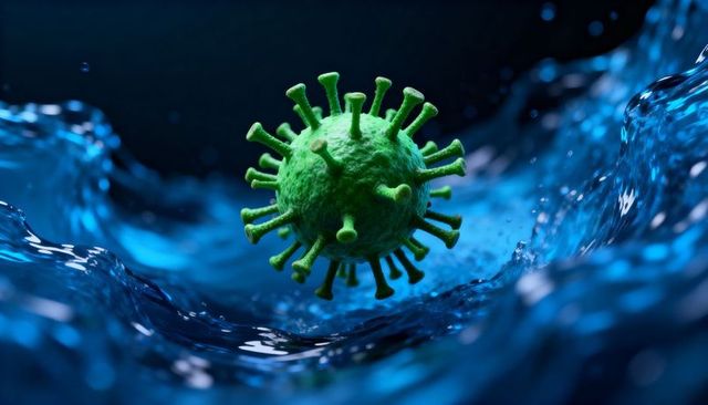Floating green virus particle drifting through deep blue liquid with knobbed spikes