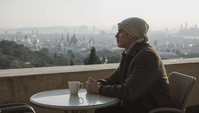 Solitary man gazing over coastal city skyline from terrace with coffee mug, contemplative