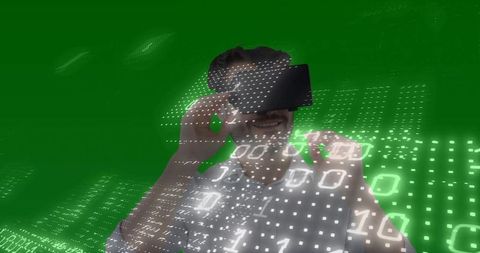 Man Exploring Binary Virtual Reality Grids with Headset