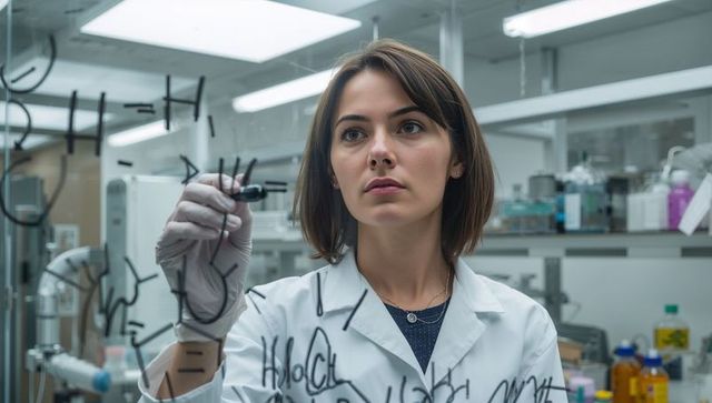 Focus Female Chemist Writing Complex Formulas in Advanced Lab