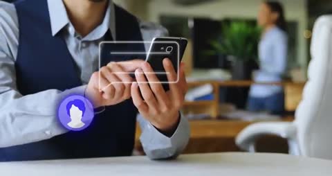 Businessman Using Smartphone with Virtual Interface in Modern Office