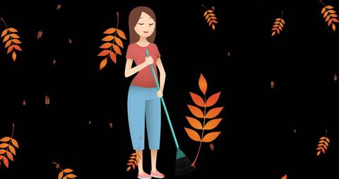 Woman with broom among autumn leaves illustrating eco-friendly living