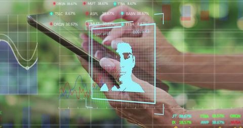 Caucasian Woman Interacting with Smartphone and Financial Analytics