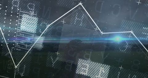 Displaying futuristic financial data overlay with white line chart crossing rural horizon
