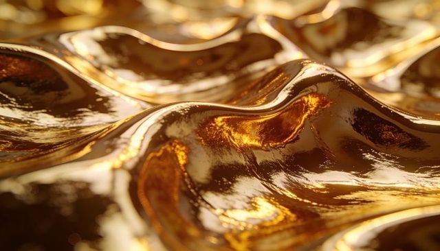 Shimmering liquid gold waves glossy metallic texture reflecting warm amber highlights