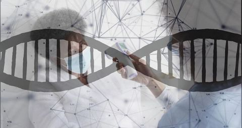 Clinician scanning patient with infrared thermometer amid dna network overlay during screening