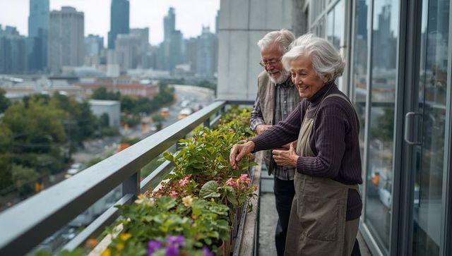 Senior couple tending balcony container garden with city skyline view, urban gardening joy