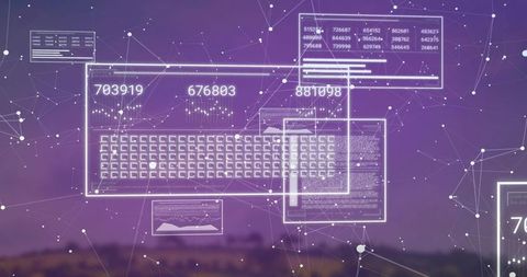 Neon HUD Interface Floating Over Dusk Horizon Showing Data Visualization, Network, Waveform