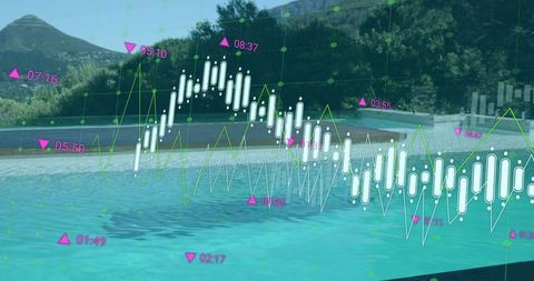 Luxury Poolside Resort with Modern Neon Graph Overlay