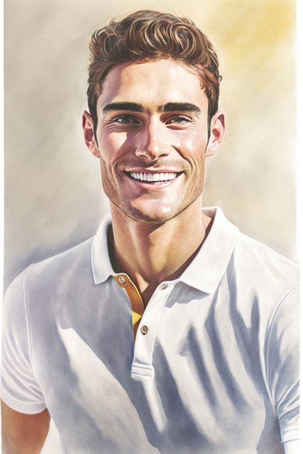 Watercolour portrait of smiling handsome man in white tshirt, created using generative ai technology. Painting and portraiture concept digitally generated image.