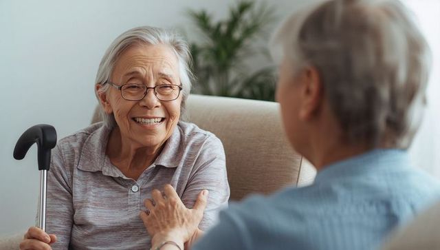 Smiling senior asian woman holding cane while chatting with companion in cozy living room