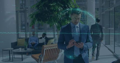 Businessman Analyzing Financial Data on Mobile Device in Modern Office