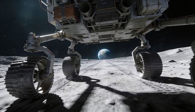 Low-Angle Lunar Rover Undercarriage Ribbed Wheels Earthrise Horizon Moon Regolith Tracks