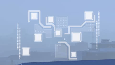 Urban cityscape underlay combined with animated network icons conveys a sense of modern connectivity and global data exchange. Ideal for illustrating concepts related to technology integration, smart cities, IoT, and digital business solutions in presentations or technological blog posts.