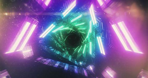 Vibrant glowing triangles forming hypnotic tunnel