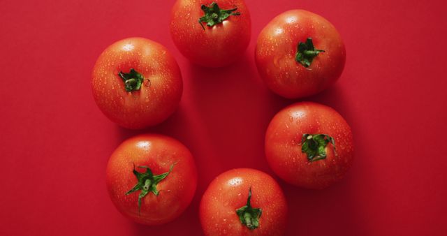 Image of fresh red tomatoes in circle on red background. fusion food, fresh vegetables and healthy eating concept.