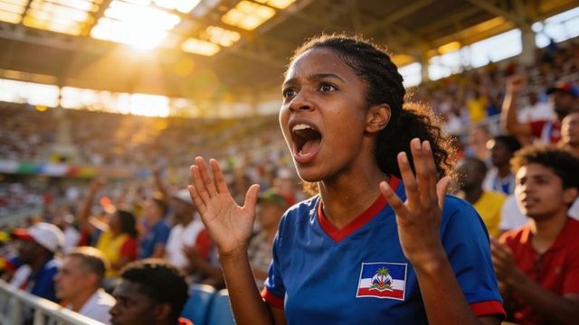 Passionate fan shouting and raising hands in sunlit stadium wearing flag patch jersey